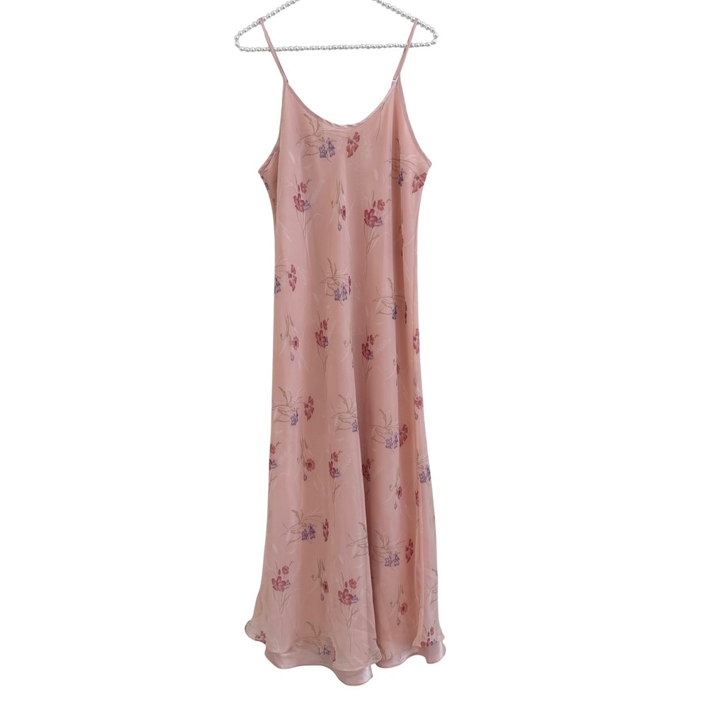 Vintage 90s Valerie Stevens Pink Floral Maxi Slip Dress Fully Satin Lined Y2K M